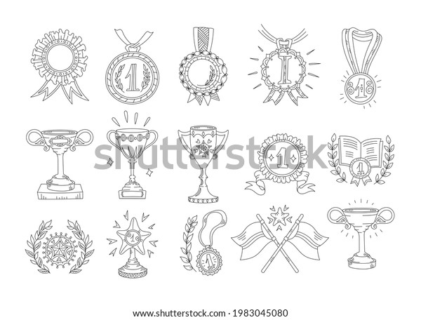 Awards Cups Medals Icon Set Handdrawn Stock Vector Royalty Free