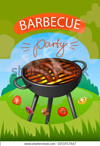 Barbecue Party Poster Sausages On Grill Stock Vector Royalty Free