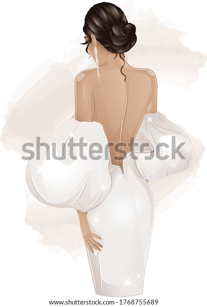 Beautiful Brunette Lady White Dress Standing Stock Vector Royalty Free