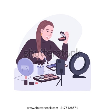 Beauty and makeup isolated cartoon vector illustrations. Young smiling girl taking online courses in makeup, having fun when shooting video, a lot of cosmetics around vector cartoon.