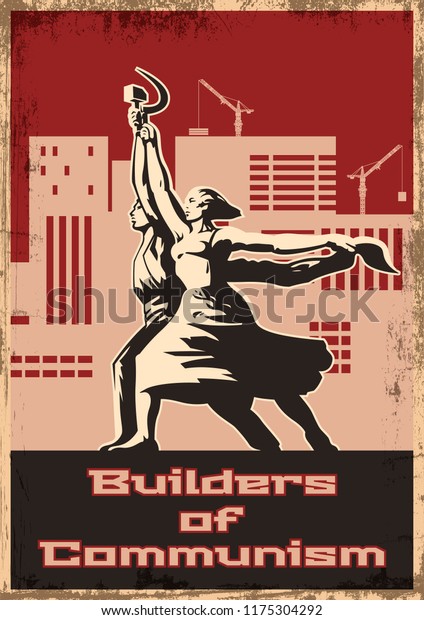 Builders Communism Retro Soviet Work Propaganda Vetor Stock Livre De