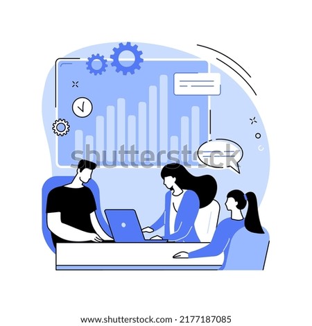 Business plan isolated cartoon vector illustrations. Group of young people discussing new business plan idea with laptop in office, entrepreneurship management, startup strategy vector cartoon.
