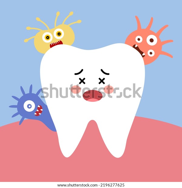 Vektor Stok Caries Tooth Bacteria Cartoon Flat Design Tanpa Royalti