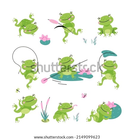 Cartoon frogs. Green cute frogs, lake or pond nature and animal. Isolated funny toad, baby froggy relax and play. Jumping amphibian nowaday vector set