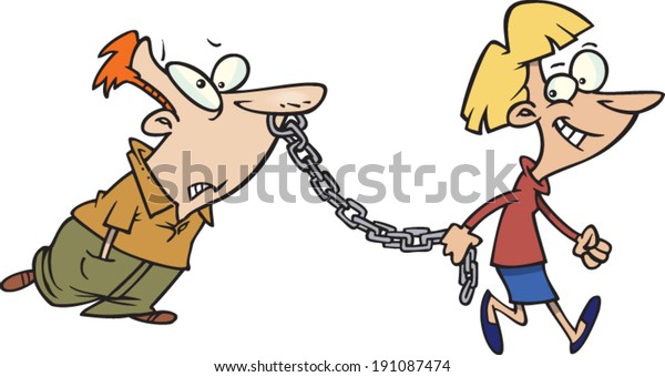 Cartoon Woman Leading Man Leash Lagervektor Royaltyfri