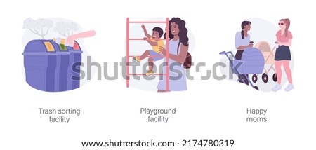 City park environment isolated cartoon vector illustrations set. Trash sorting and recycling facility, playground in the city park, happy moms walk with strollers and drink coffee vector cartoon.