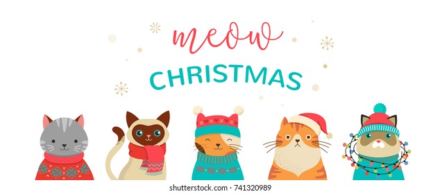 Collection Christmas Cats Merry Christmas Illustrations Stock Vector