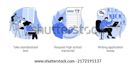 College admission process isolated cartoon vector illustrations set. Graduates take standardized test, request high school transcript, records of courses, writing application essay vector cartoon.