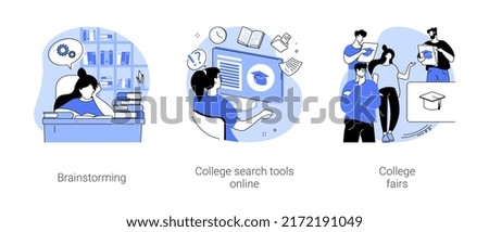 College search isolated cartoon vector illustrations set. Student thinking, preparing for exams, choosing education program online, graduate visit college fair, collect information vector cartoon.