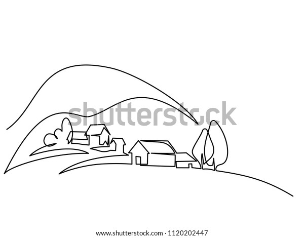 Continuous Line Drawing Landscape Village On Stock Vector Royalty Free