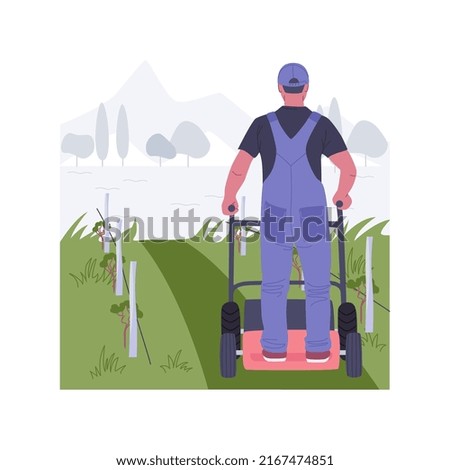 Controlling weeds by mowing isolated cartoon vector illustrations. Farmer with mowing machine on field, modern agriculture, organic farming industry, gardening equipment vector cartoon.