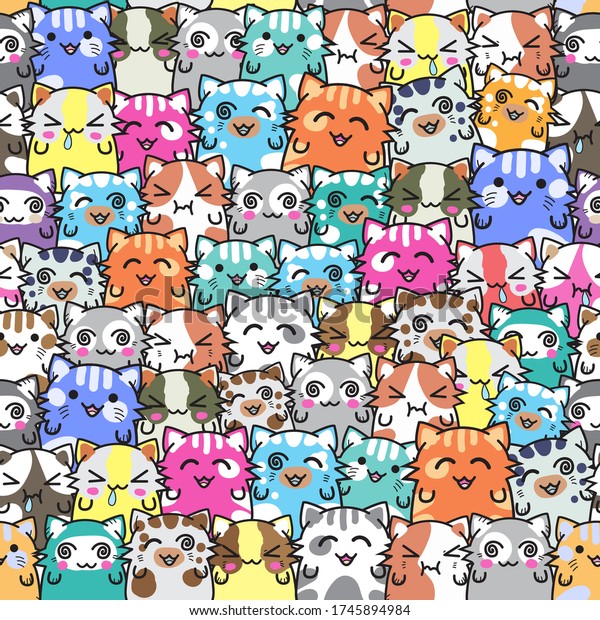 Cute Cartoon Cat Seamless Pattern Doodle Stock Vector Royalty Free