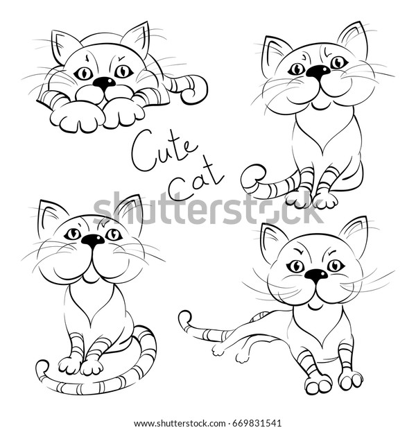 Cute Cartoon Cats Icons Set Black Stock Vector Royalty Free