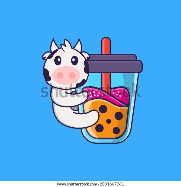 Cute Cow Drinking Boba Milk Tea Stock Vector Royalty Free