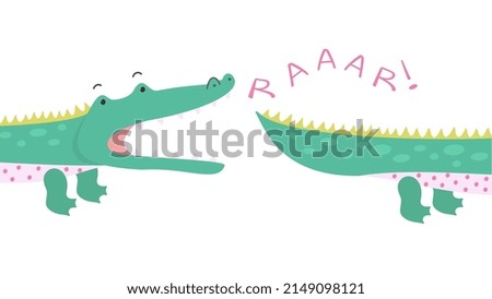 Cute crocodile print. Green alligator cartoon style, boy t-shirt sticker. African wild animal bite tail, isolated scandinavian nowaday poster vector template