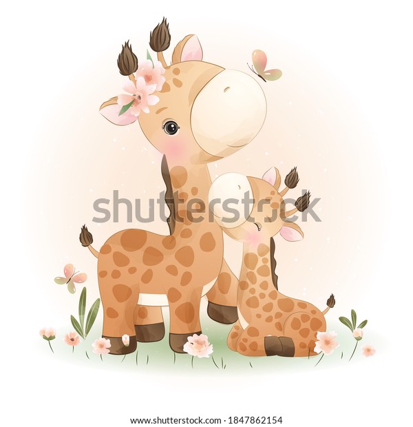 Cute Doodle Giraffe Floral Illustration Stock Vector Royalty Free