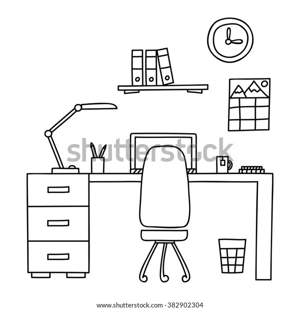 Desk Computer Workplace Office Drawn By Stock Vector Royalty Free