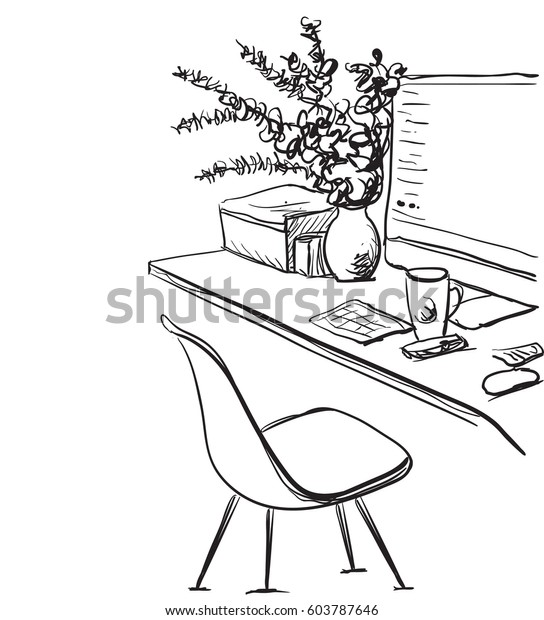 Desk Computer Workplace Office Drawn By Stock Vector Royalty Free