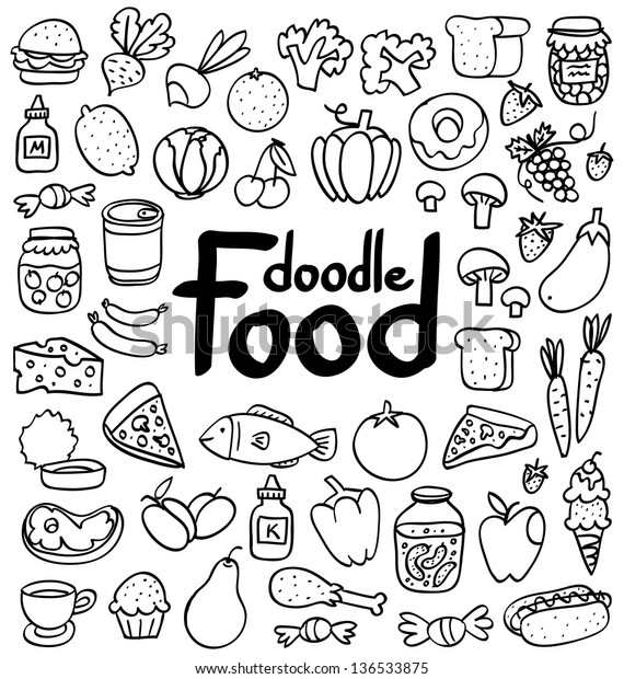 Doodle Food Set 50 Various Products Stock Vector Royalty Free 136533875