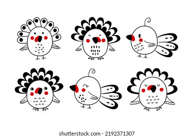 Doodle Turkeys Birds Thanksgiving Clipart Collection Stock Vector