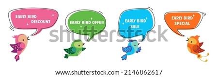 Early bird discount price. Modern advertising labels with flat birds. Special offer, sale marketing elements. Promotion ad nowaday vector set