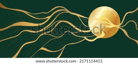Elegant abstract line art on dark background. Luxury hand drawn with gold wavy line and foil circle shape. Shining wave line design for wallpaper, banner, prints, covers, wall art, home decor.