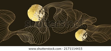 Elegant abstract line art on dark background. Luxury hand drawn with gold wavy line and foil circle shape. Shining wave line design for wallpaper, banner, prints, covers, wall art, home decor.