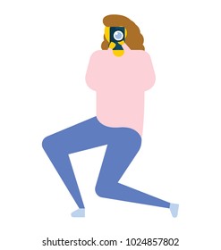 Female Photographer Kneeling Down While Taking Stock Vector Royalty