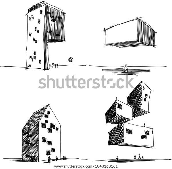 Four Hand Drawn Architectectural Sketches Modern Stock Vector Royalty