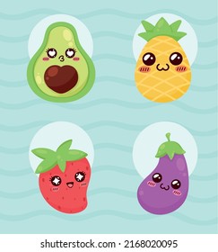 Four Kawaii Fruits Vegetables Icons Stock Vector Royalty Free