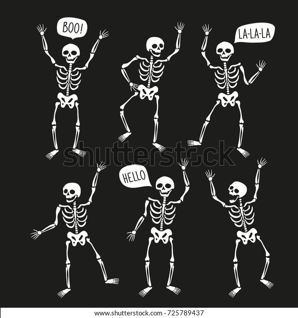 Funny Skeletons Different Poses Speech Bubbles Stock Vector Royalty