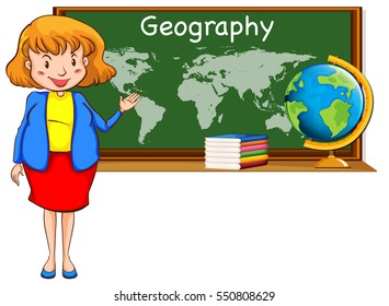 Vektor Stok Geography Teacher World Map On Board Tanpa Royalti Shutterstock