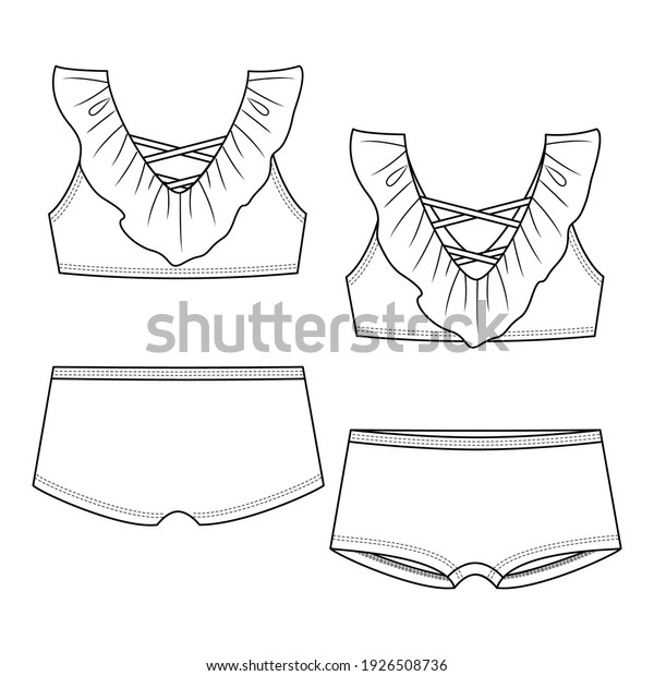 Girls Frill Bikini Fashion Flat Sketch Template Technical Fashion