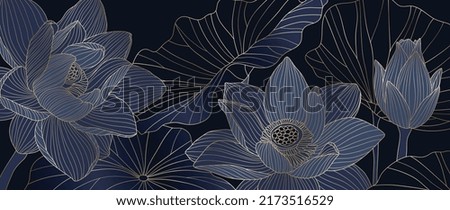 Golden Lotus line art vector in dark background. Luxury watercolor wallpaper with lotus flower, leaves and blooms in hand drawn. Elegant design for banner, invitation, packaging, wall art.