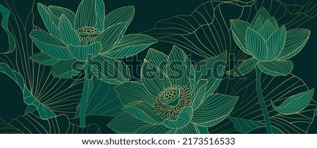 Golden Lotus line art vector in green background. Luxury watercolor wallpaper with lotus flower, leaves and blooms in hand drawn. Elegant design for banner, invitation, packaging, wall art.