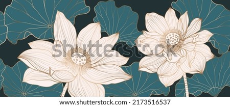 Golden Lotus line art vector in white background. Luxury watercolor wallpaper with lotus flower, green leaves and blooms in hand drawn. Elegant design for banner, invitation, packaging, wall art.