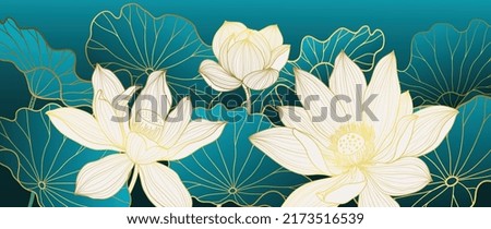 Golden Lotus line art vector in green background. Luxury watercolor wallpaper with lotus flower, leaves and blooms in hand drawn. Elegant design for banner, invitation, packaging, wall art.
