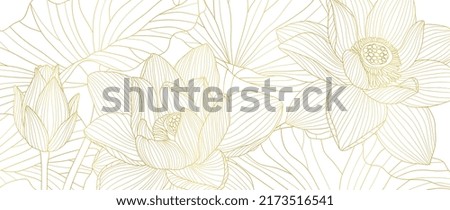 Golden Lotus line art vector in white background. Luxury watercolor wallpaper with lotus flower, leaves and blooms in hand drawn. Elegant design for banner, invitation, packaging, wall art.