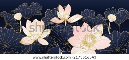 Golden Lotus line art vector in dark background. Luxury watercolor wallpaper with lotus flower, leaves and blooms in hand drawn. Elegant design for banner, invitation, packaging, wall art.