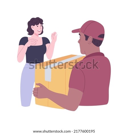 Goods delivery service isolated cartoon vector illustrations. Woman getting a box from online second hand store from courier, small business, delivery service, goods send by post vector cartoon.