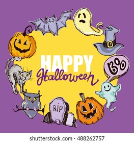 Halloween Hand Drawn Characters Attributes Doodle Stock Vector Royalty