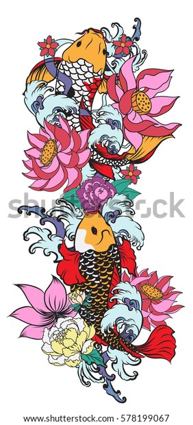 Hand Drawn Koi Fish Flower Tattoo Stock Vector Royalty Free