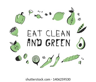 Hand Drawn Set Vegetables Fruits Eco Stock Vector Royalty Free