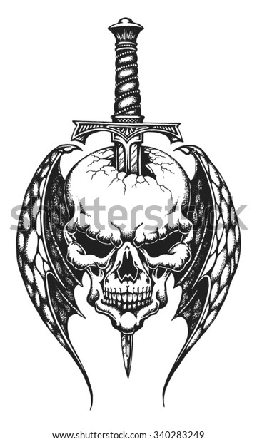 Hand Drawn Winged Skull Impaled On Stock Vector Royalty Free