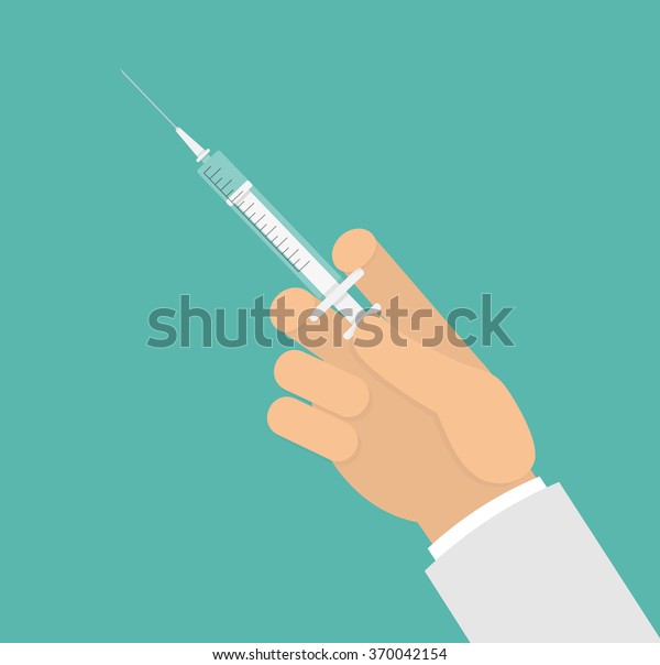 Hand Holding Showing Medical Syringe Flat Stock Vector Royalty Free