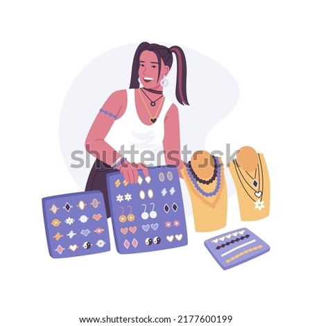 Hand made jewelry isolated cartoon vector illustrations. Woman selling hand made accessories on the market, small business, personal income, vintage jewelry for sale vector cartoon.