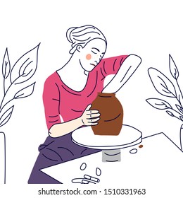 Handcrafted Earthenware Girl Decorating Pots Handicraft Stock Vector