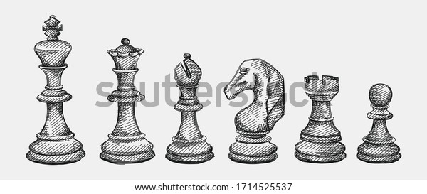 Hand Drawn Sketch Set Of Chess Pieces On A White Background Chess