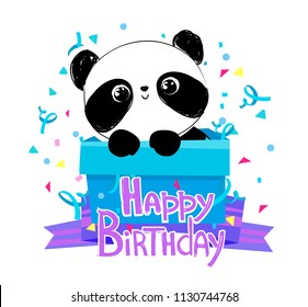 Happy Birthday Greeting Card With Panda Vector Cartoon Illustration