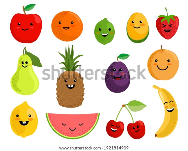 Happy Cute Smiling Fruit Face Set Stock Vector Royalty Free